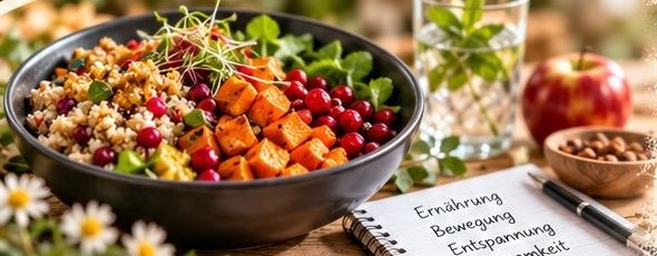 Schale mit Quinoa, Süßkartoffel und Cranberrys neben einem Notizblock