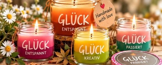Selbstgegossene, bunte Kerzen in Gläsern mit Gänseblümchen
