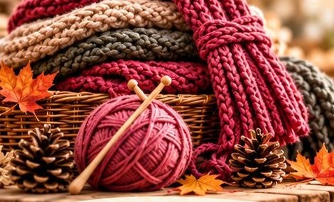 Gestrickte Schals in Rot, Beige und Grün mit Wollknäuel und Stricknadeln